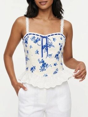 Thirty Thirty LA White & Blue Floral Lace-Trim Cami Top